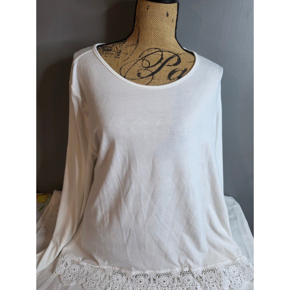 White Long Sleeve Lace Hem Scoop Neck Top Blouse 2XL